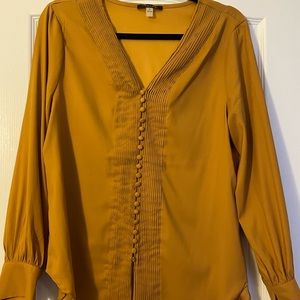 Tahari silk blouse, mustard color with button detail
